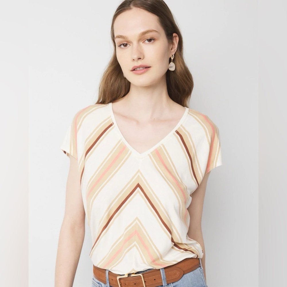 White House Black Market Cream Stripe V-Neck Short Sleeve Tee